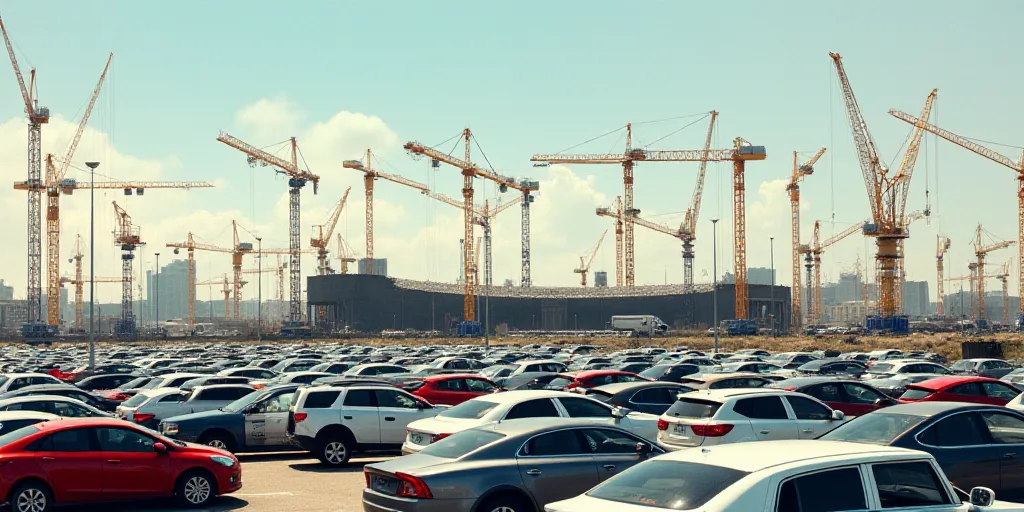 a large parking lot full of cars and cranes in the background of a building site with cranes in the