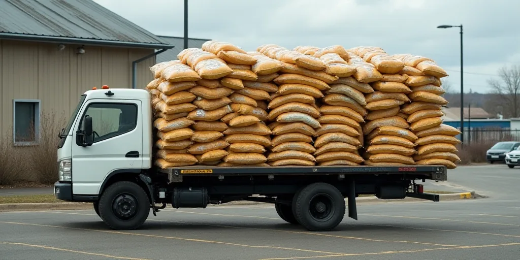 a large pile of bags of food sitting on top of a truck bed in a parking lot next to a building, Edi