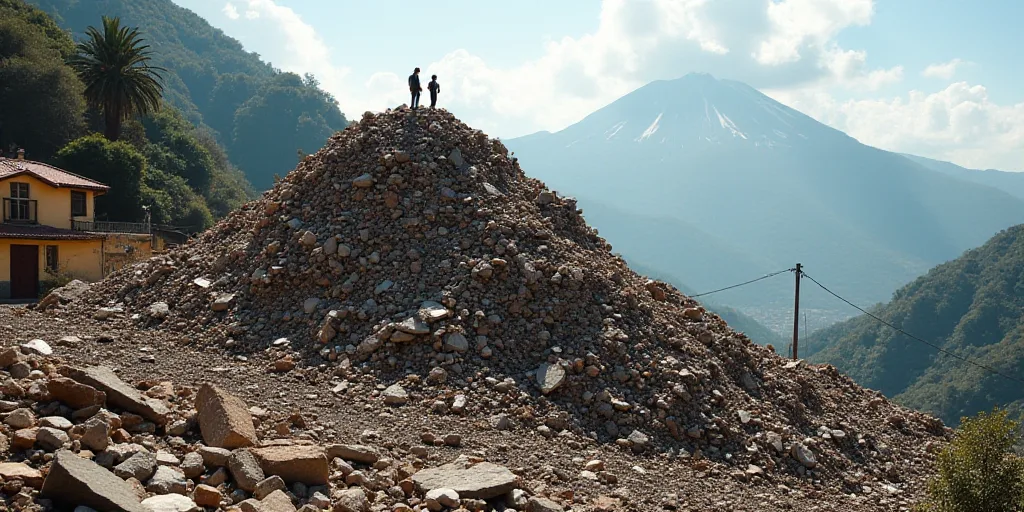 a large pile of rubble next to a hillside with houses on it and a mountain in the background with a