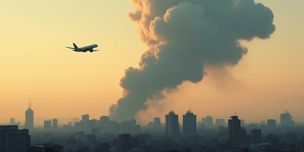 a large plume of smoke billows from a city skyline as a jet flies by in the air above, Etel Adnan, a