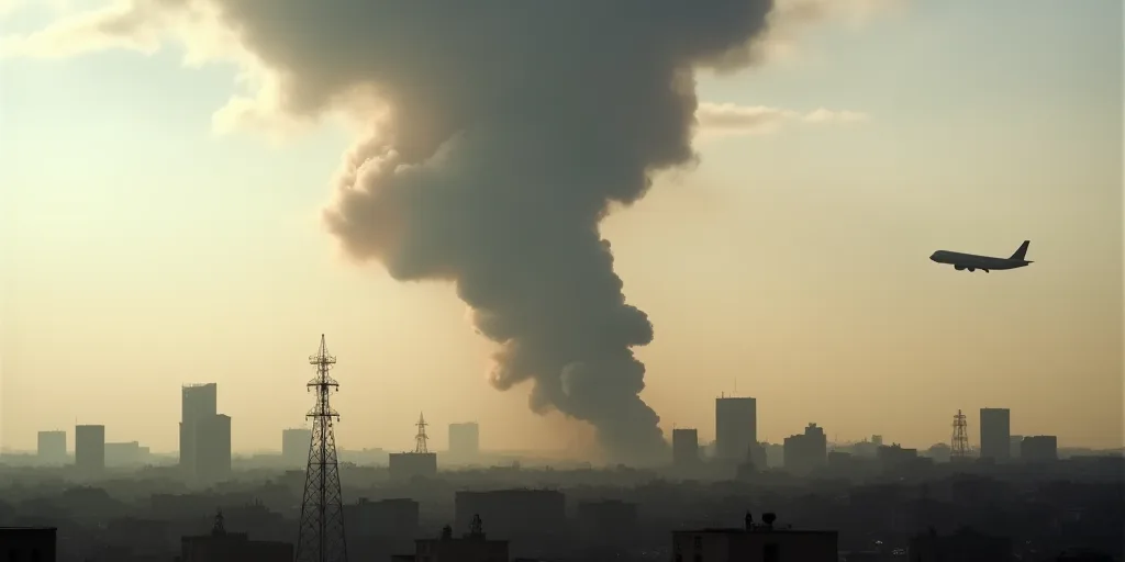 a large plume of smoke billows from a city skyline as a plane flies by in the distance in the distan