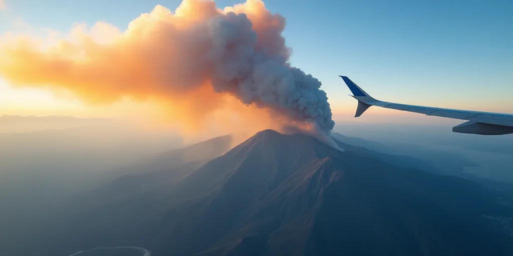 a large plume of smoke is seen from a plane window as it flies over a mountain range on fire, Cagnac