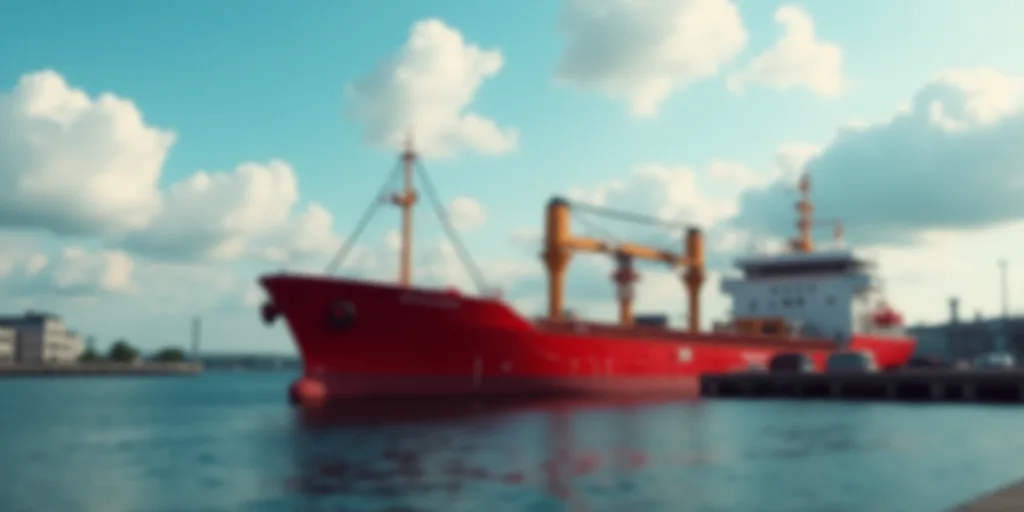 a large red boat sitting in a harbor next to a body of water with a sky background and clouds, Engue