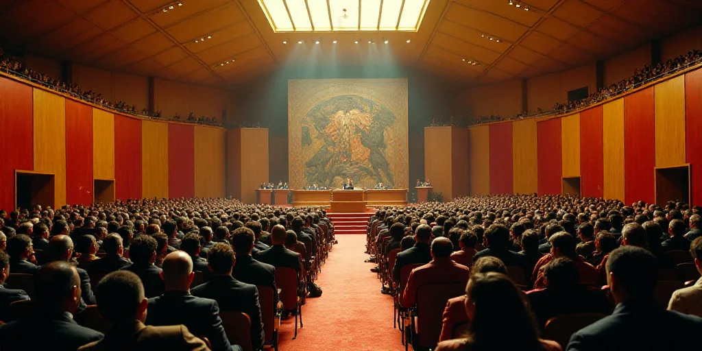 a large room filled with lots of people sitting at desks and chairs in front of a podium with a spea