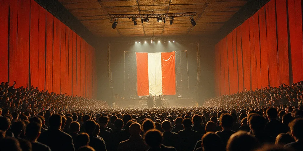 a large room filled with people and a stage with a flag on it's wall and a ceiling, David Alfaro Siq