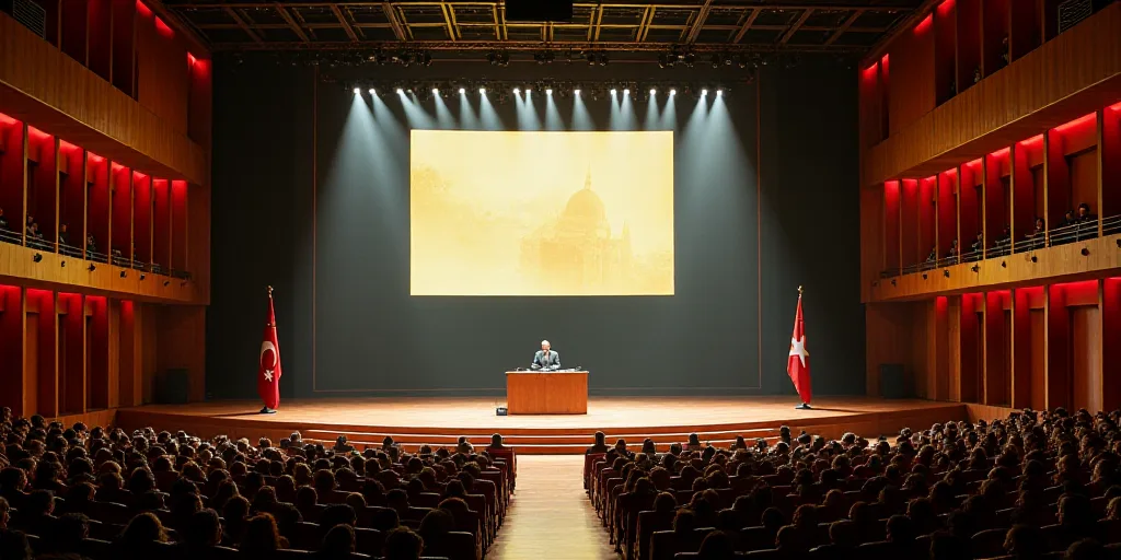a large room with a large screen and a podium with a flag on it and people sitting in the chairs, Da