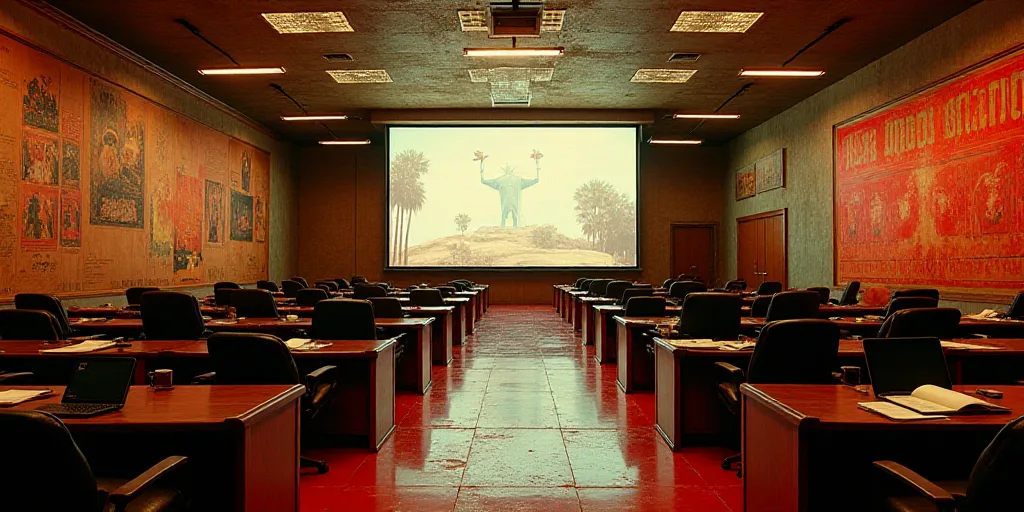 a large room with a lot of desks and a big screen on the wall above it that says the united states,