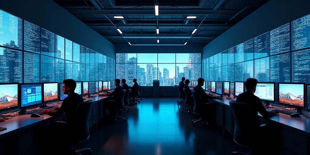 a large room with a lot of monitors and desks and people working on computers in it and a lot of mon