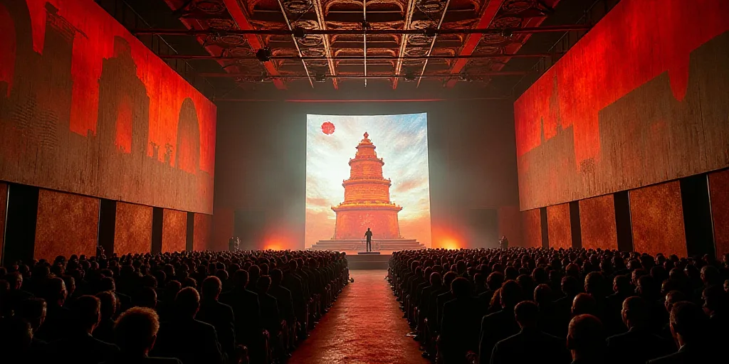 a large room with a lot of people standing around it and a large screen with a flag on it, David Alf