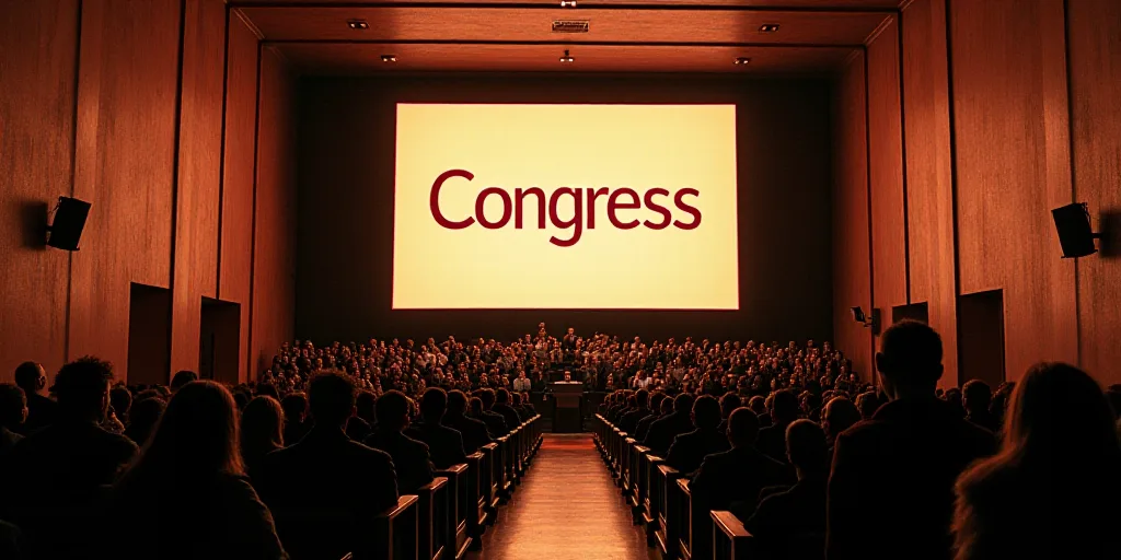 a large room with a lot of people in it and a big screen on the wall above it that says congress, Da