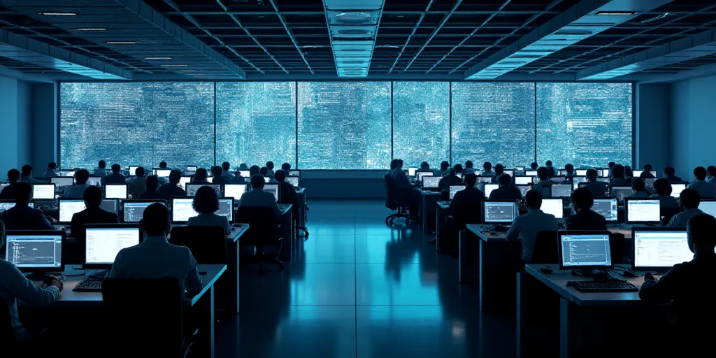 a large room with a lot of people working on computers and a lot of monitors on the wall above, Andr