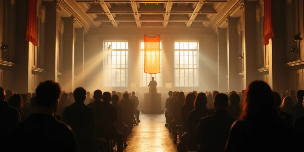 a large room with a lot of people in it and a flag hanging from the ceiling and a flag hanging from