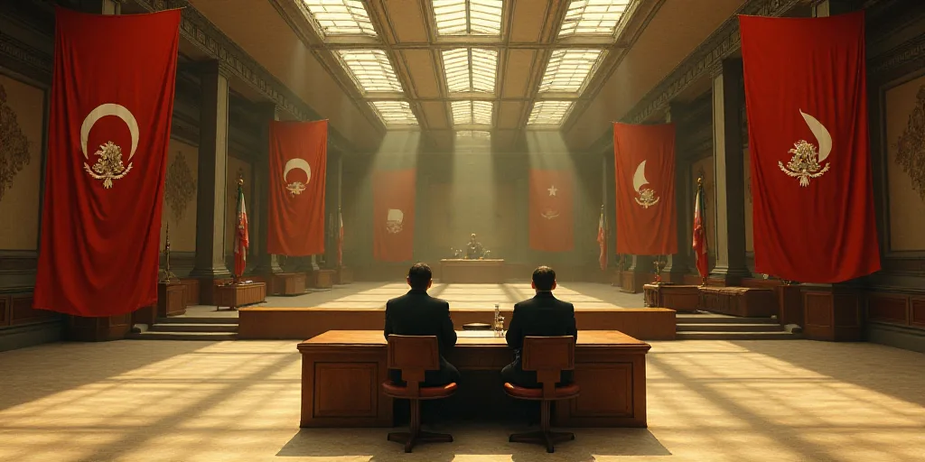 a large room with a wooden table and two people sitting at it with flags on the walls and a ceiling,