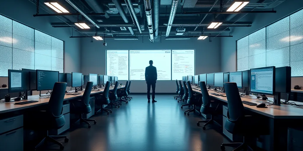 a large room with multiple desks and monitors on the walls and a man standing in the middle of the r