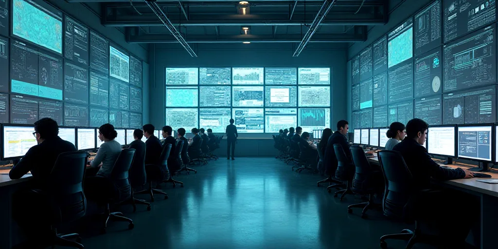 a large room with multiple monitors and tables in it's center area, with people working on computers