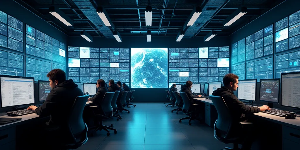 a large room with multiple monitors and people working on computers in it and a lot of people sittin