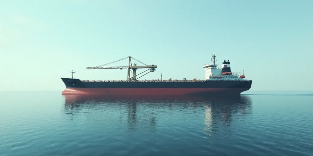 a large ship in the middle of the ocean with a crane on top of it's structure in the middle of the w