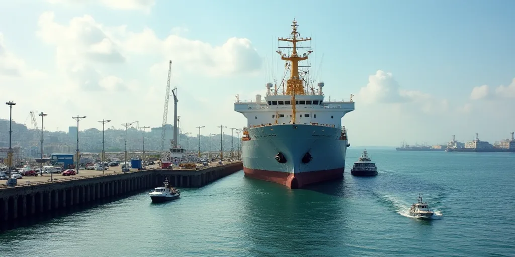 a large ship is in the water near a dock and a small boat is in the water near a dock, Almada Negrei