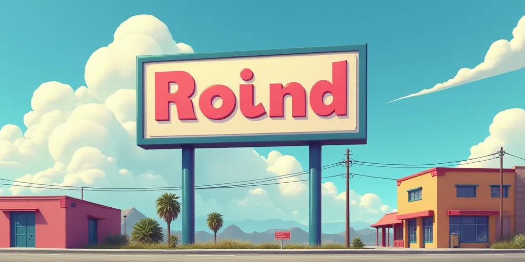 a large sign is in front of a building with a sky background and clouds in the background, with a fe
