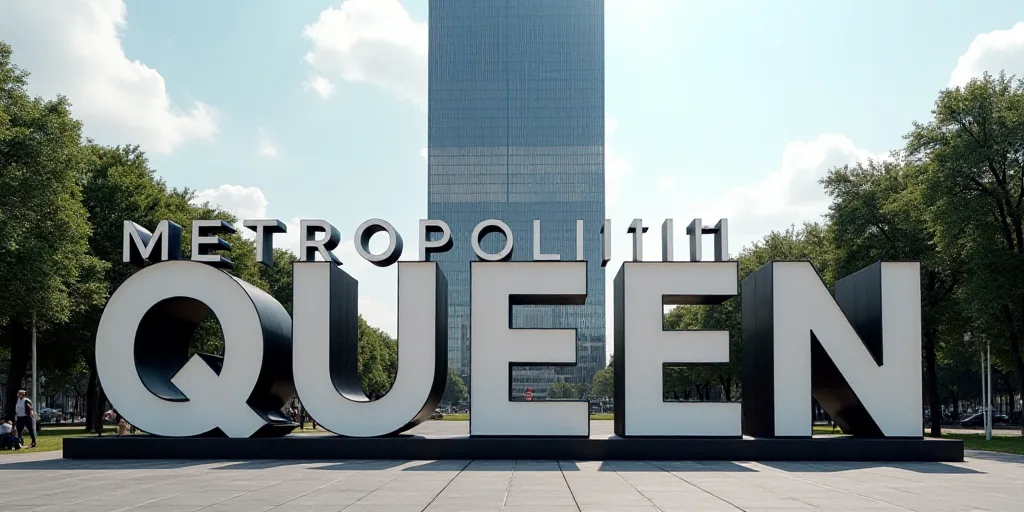 a large sign that says metropolitan queen and a tall building in the background with a sky backgroun