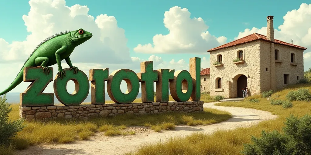 a large sign that says zootrol with a lizard on it's back and a large building in the background, Ce