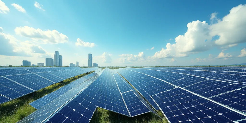a large solar panel field with a sky background and a few buildings in the distance with a few cloud