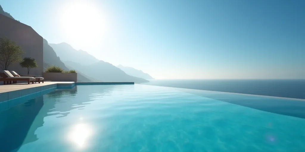 a large swimming pool with a view of the ocean and mountains in the background with sun shining on t