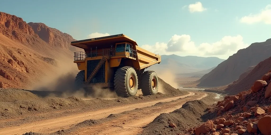 a large truck is dumping gravel into a pit at a quarry in the mountainside of a city, california, Al