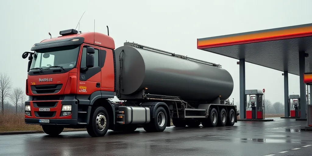 a large truck with a large tanker on the back of it's trailer parked in front of a gas station, Éva