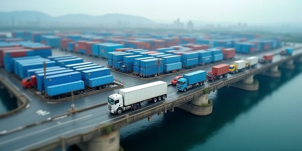 a large warehouse filled with lots of blue and white containers and trucks next to each other on a b