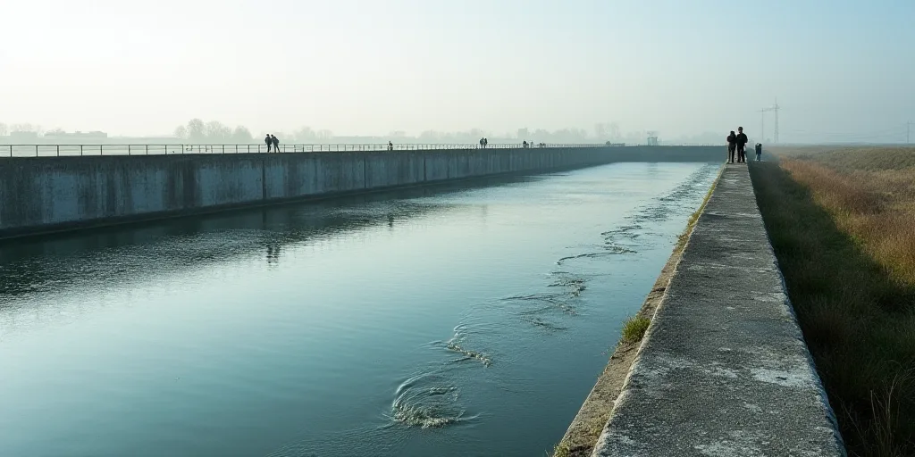 a large water treatment facility with a few people standing on the side of it and looking at the wat