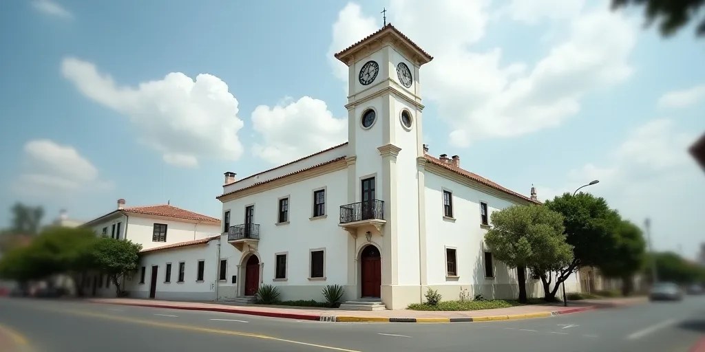 a large white building with a clock tower on top of it's side walk next to a street, Eddie Mendoza,