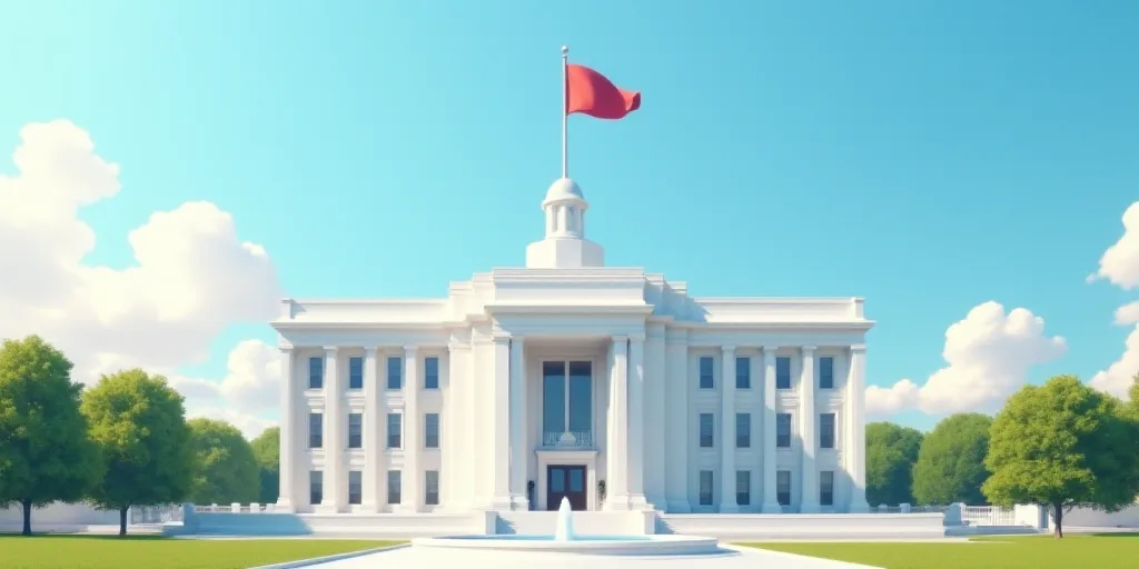 a large white building with a fountain in front of it and a flag pole on top of it and a blue sky, B