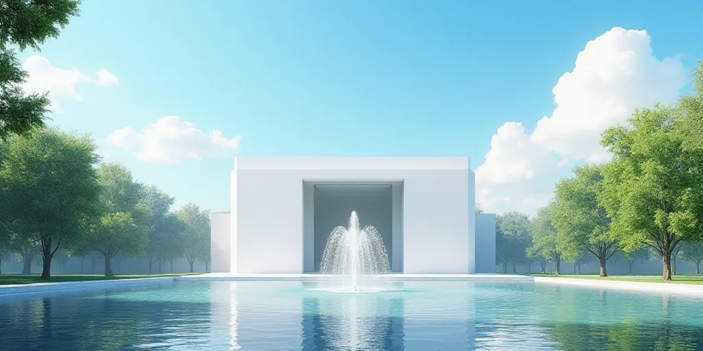 a large white building with a fountain in front of it and a blue sky in the background with a few cl