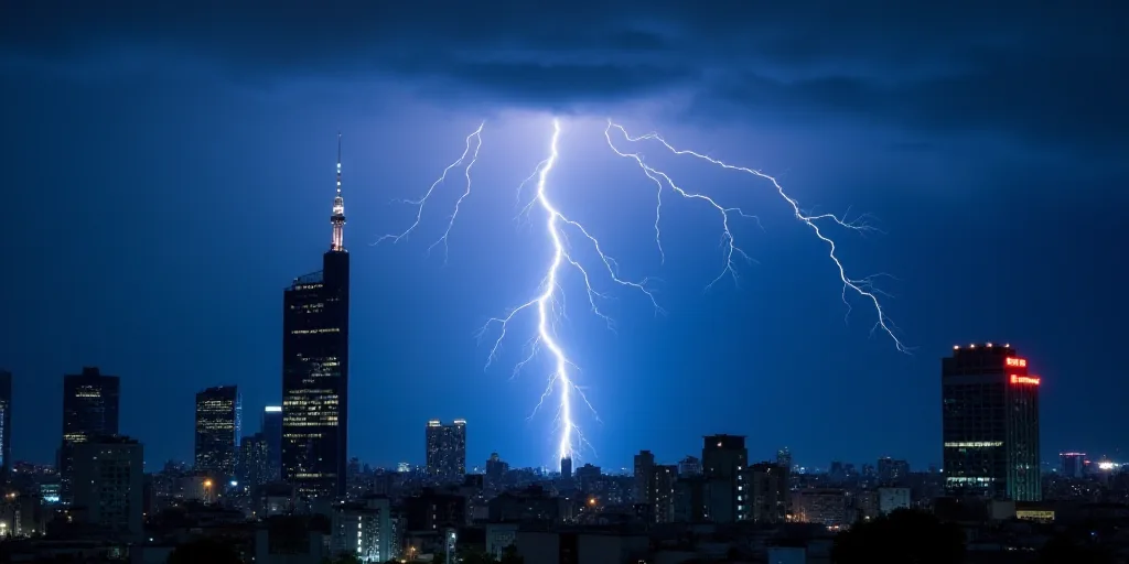 a lightning bolt strikes over a city at night time with a skyscraper in the background and a buildin