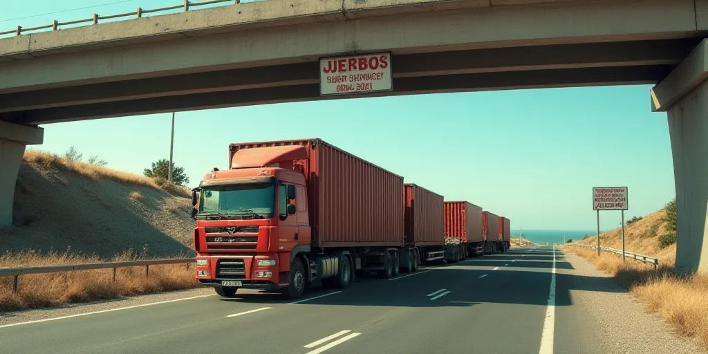 a line of trucks parked on the side of a road under a bridge with a sign above them that says,, Agus