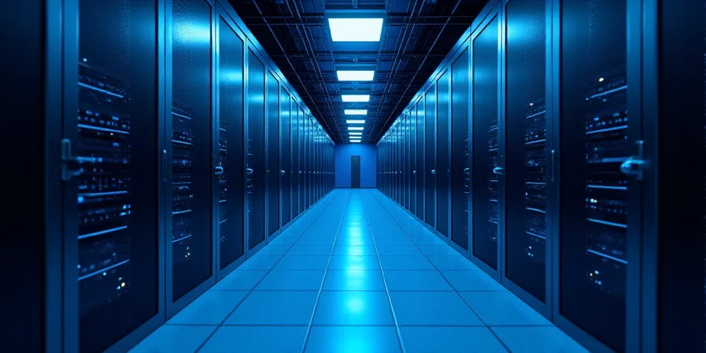 a long hallway with rows of servers in a data center with blue lights on the ceiling and flooring, A