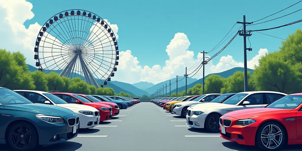 a lot of cars parked in a lot next to each other in a parking lot with a ferris wheel in the backgro