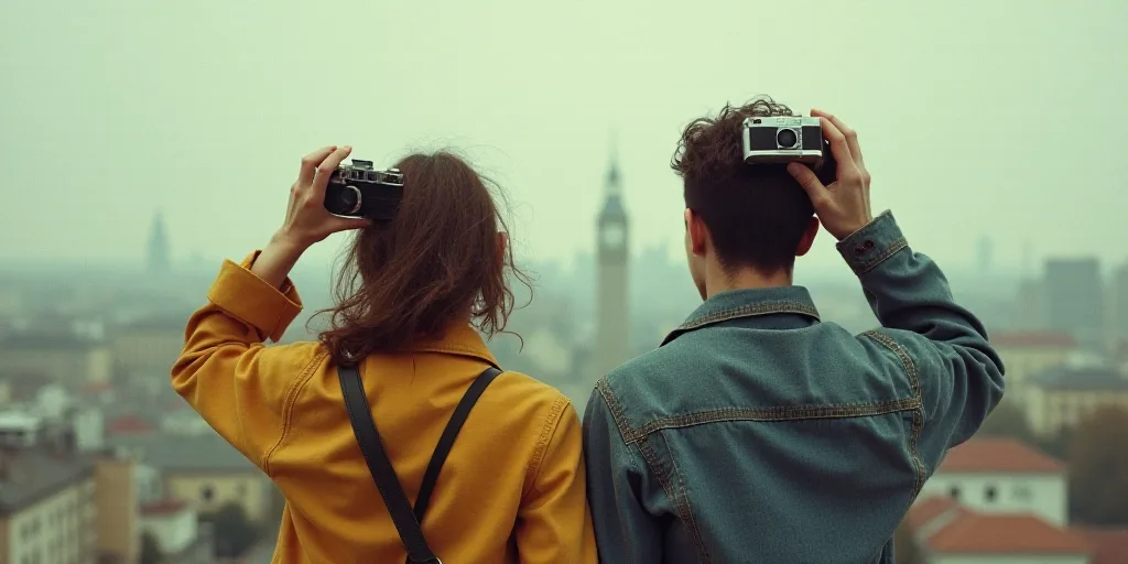a man and a woman are holding a camera up to their heads and looking at something in the distance, D