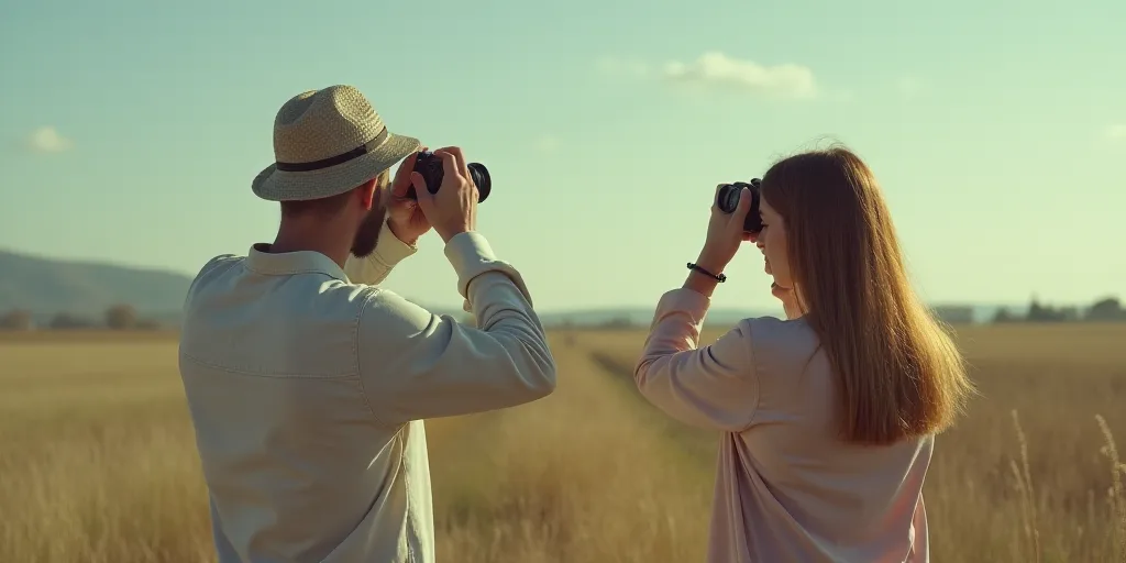 a man and a woman are holding a camera up to their heads and looking at something in the distance, D