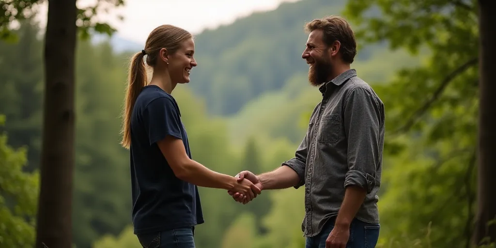 a man and a woman shaking hands in front of trees and a forest in the background with a forest in th