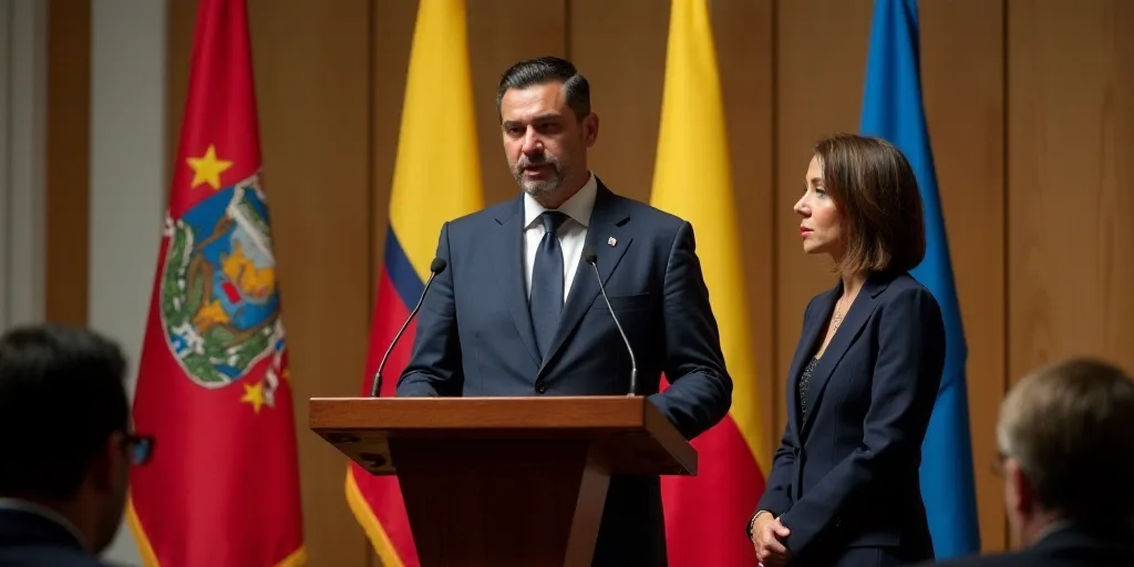 a man and a woman standing at a podium with flags behind them and a man in a suit and tie, Estuardo