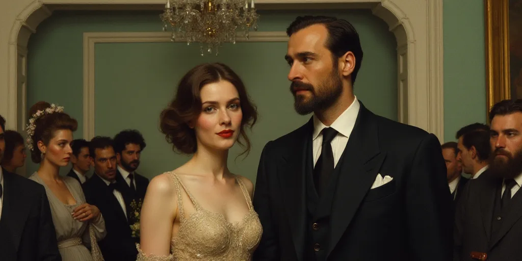 a man and a woman standing next to each other in a room with people in the background and a man in a