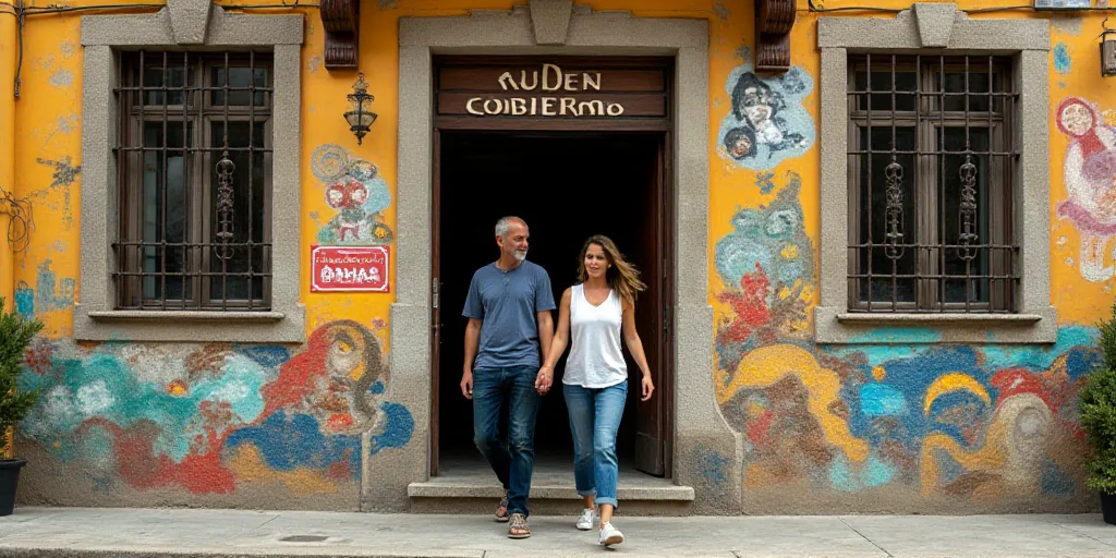 a man and a woman walking out of a building with a sign that says ruben gobiermo, Ceferí Olivé, ig