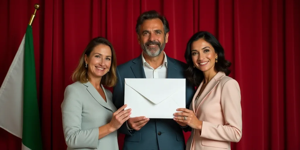 a man and two women holding a white envelope in front of a red curtain with a green and white flag,
