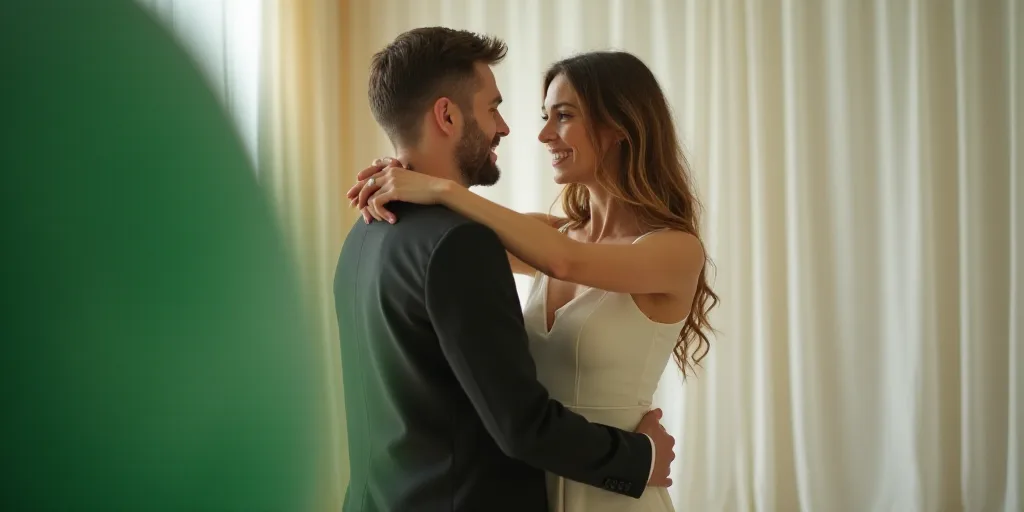 a man and woman are dancing together in a room with a green object in the foreground and a white cur