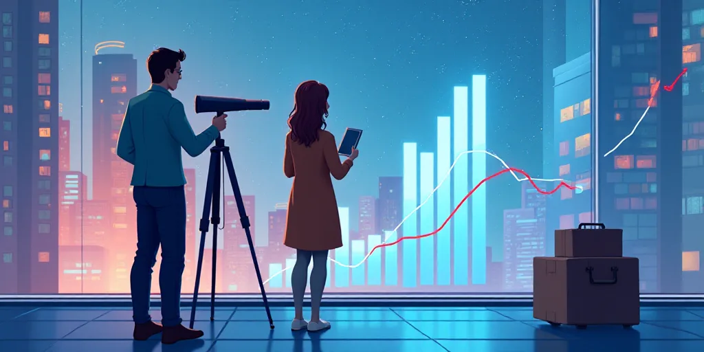 a man and woman are looking at a graph with a telescope in hand and a woman is looking at a bag, And