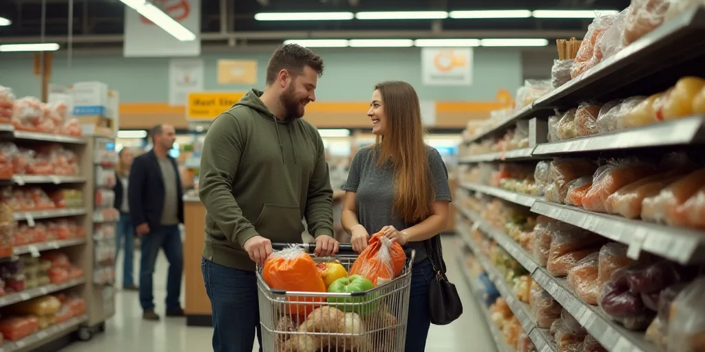 a man and woman are shopping in a grocery store with bags of groceries in the cart and a checkout co