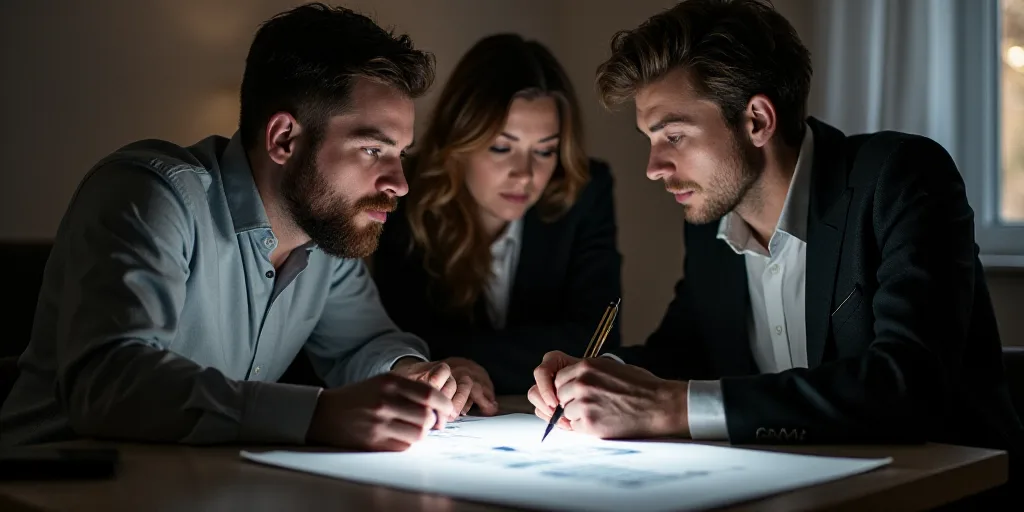 a man and woman looking at a laptop screen while a man looks at a piece of paper with a pen, Avgust