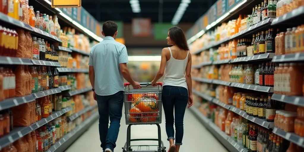a man and woman pushing a shopping cart through a grocery store aisle with a cart full of drinks and